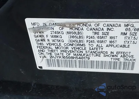 2008 Honda Ridgeline Rtl z USA, uszkodzony, nr VIN 2HJYK16508H540179